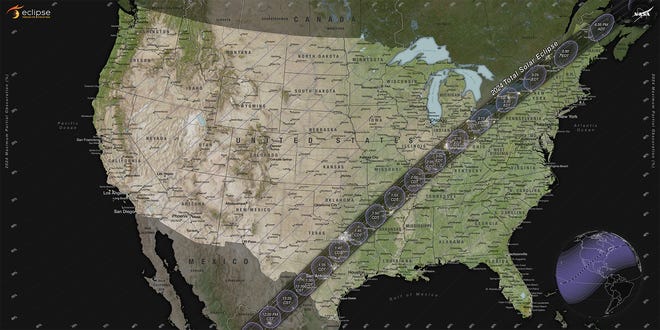 April's path of totality is calculated to be a lot beefier than the 2017 solar eclipse. This eclipse will travel across three North American countries, crossing from Sinaloa, Mexico into Texas, up to Maine and exiting over Quebec, Canada.