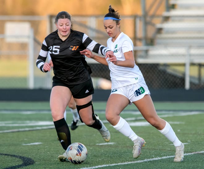Washington's Paige Miller, left, and Peoria Notre Dame's Ava Lafollette battle for the ball in the first period of their girls soccer match Tuesday, March 19, 2024 in Washington. The Irish defeated the Panthers 2-0.