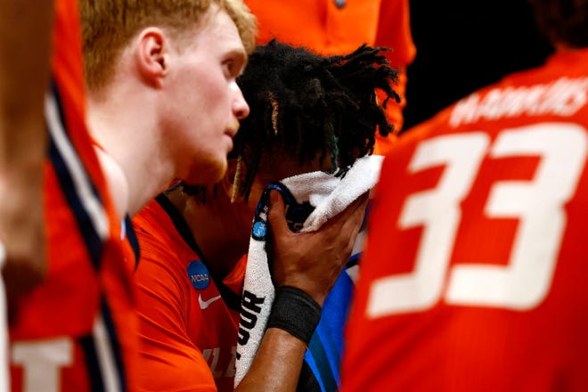 Mar 30, 2024; Boston, MA, USA; Illinois Fighting Illini guard Terrence Shannon Jr. (0) reacts in huddle against the Connecticut Huskies in the finals of the East Regional of the 2024 NCAA Tournament at TD Garden. Mandatory Credit: Winslow Townson-USA TODAY Sports