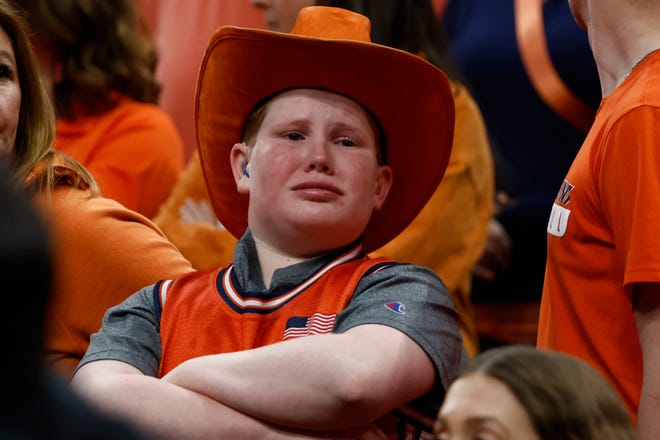 Mar 30, 2024; Boston, MA, USA; An Illinois Fighting Illini reacts after losing to the Connecticut Huskies in the finals of the East Regional of the 2024 NCAA Tournament at TD Garden. Mandatory Credit: Winslow Townson-USA TODAY Sports