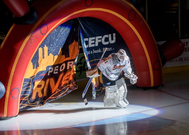 Peoria Rivermen goaltender Nick Latinovich skates out onto the ice during player introductions before the start of their regular-season finale against the Quad City Storm on Saturday, April 6, 2024 at the Peoria Civic Center.