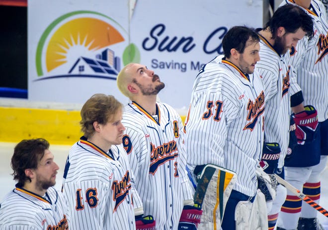 The Peoria Rivermen stand for the national anthem before the start of their regular-season finale against the Quad City Storm on Saturday, April 6, 2024 at the Peoria Civic Center.
