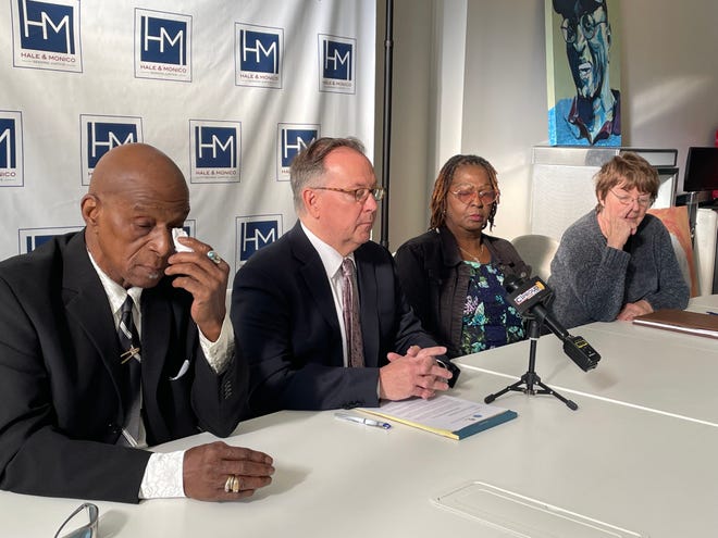 Attorney Andy Hale of Hale & Monico sits next to, from left: Lester Mason, a witness in the June 1970 shooting death of Peoria County Sgt. Ray Espinoza; Bertha Mize-Jackson, niece of Cleve Heidelberg; and Marcella Teplitz, a private investigator and former Peoria police officer during a press conference Friday, April 12, 2024.