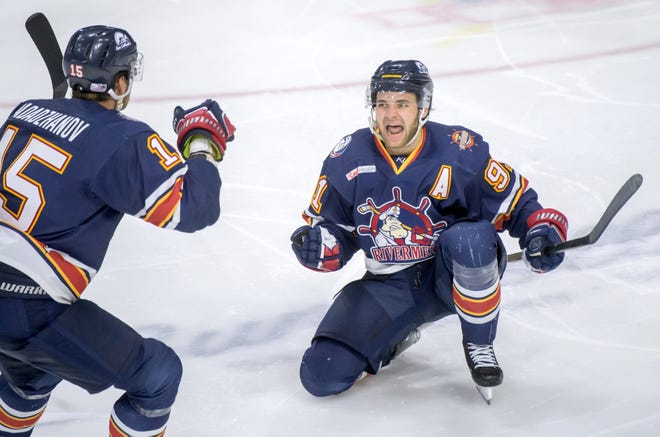 Peoria's Alec Baer, right, and Renat Dadadzhanov celebrate Baer's goal against the Huntsville Havoc in ther third period of Game 2 of the SPHL President's Cup finals Saturday, April 27, 2024 at the Peoria Civic Center. The Rivermen forced a Game 3 with a 6-4 victory.