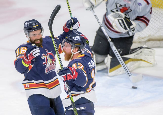 Peoria's Mitch McPherson, left, and Alec Hagaman celebrate Hagaman's goal against the Huntsville Havoc in the first period of Game 2 of the SPHL President's Cup finals Saturday, April 27, 2024 at the Peoria Civic Center. The Rivermen forced a Game 3 with a 6-4 victory.