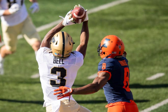 Oct 31, 2020; Champaign, Illinois, USA; Purdue Boilermakers wide receiver David Bell (3) catches a pass against the Illinois Fighting Illini during the first half at Memorial Stadium. Mandatory Credit: Patrick Gorski-USA TODAY Sports